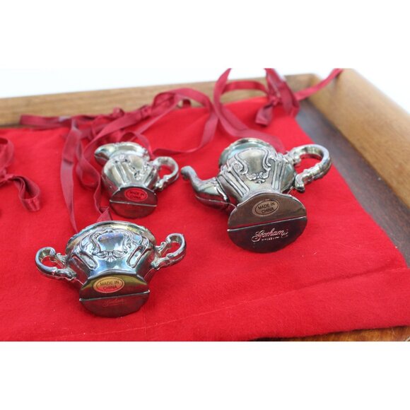 Gorham Ornament Set Silverplate Snowflakes Mini Pitcher Teapot Trio Storage Bag - Picture 3 of 16